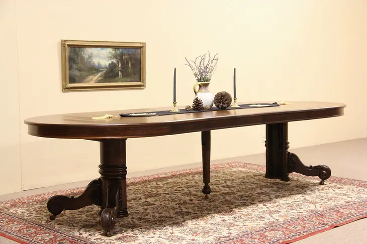 Oak Round 48" Antique 1900 Dining Table, Six Leaves
