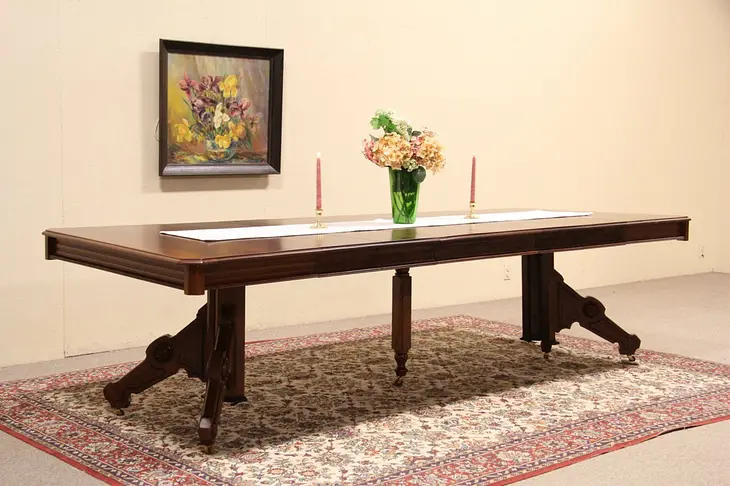 Victorian Eastlake Cherry 1880 Antique Dining Table, Extends 9' 4"