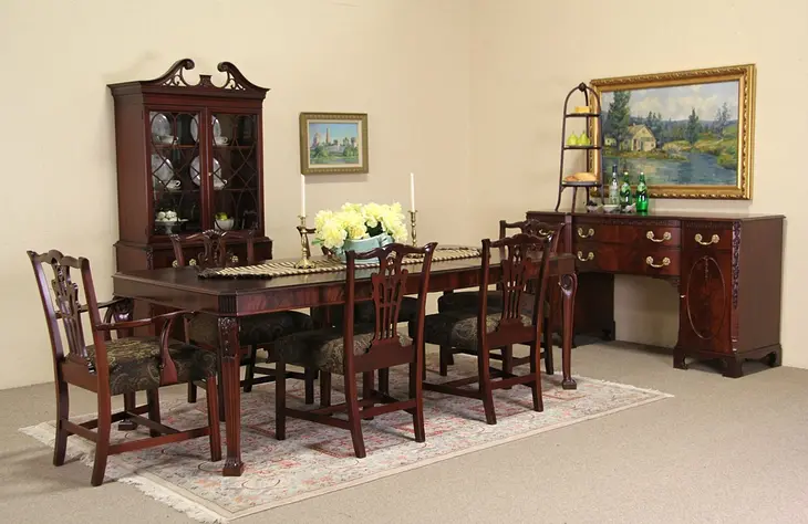 Georgian 1940 Vintage 9 Pc Dining Set, Table, 6 Chairs, China Cabinet, Sideboard