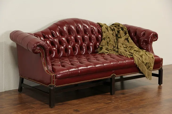 Red Leather Vintage Tufted Library Sofa, Custom Made