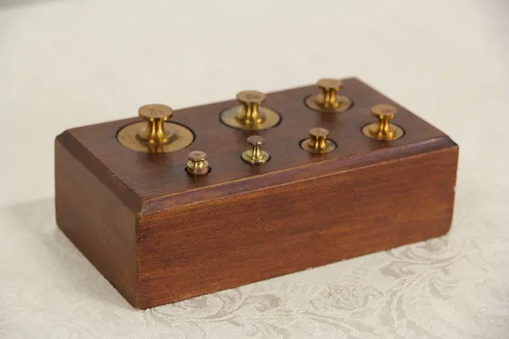Set of Antique 1900 Brass Scale Weights in Wooden Box