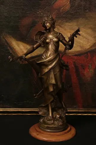 Harp Statue - Antique 1895 Sculpture August Moreau