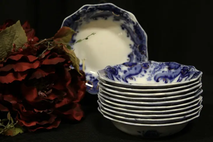 Flow Blue Set of Eleven Berry Bowls - Argyle Pattern by Grindley
