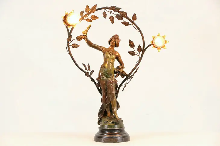 Moreau Signed Art Nouveau 1900 Antique Statue Lamp, Flowers of Spring