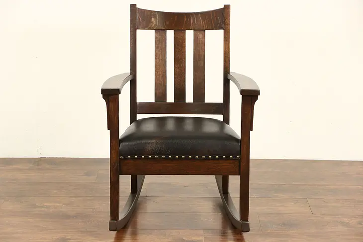Arts & Crafts Mission Oak Rocking Chair 1905 Antique Rocker, Leather