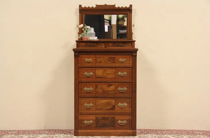 Eastlake 1875 Antique Tall Chest with Mirror, Jewelry Drawers