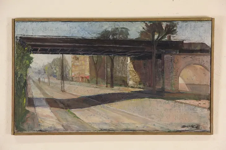Railroad Bridge Original Oil Painting, Erik Olsen, 1940's Vintage