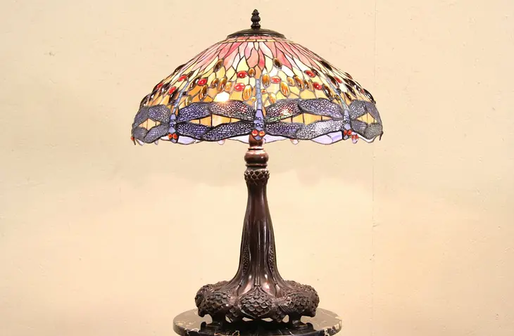 Dragonfly Tiffany Stained Glass Replica Bronze Lamp