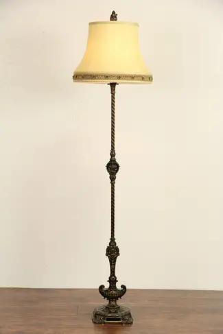 Floor Lamp, Brass & Iron 1920 Antique, Rewired, Custom Shade
