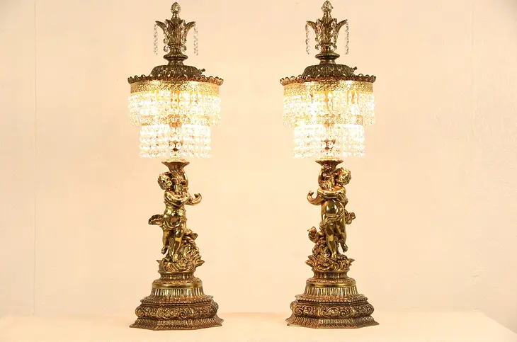 Pair of Hollywood Regency 1960 Vintage Cupid or Angel Lamps, Crystal Prisms