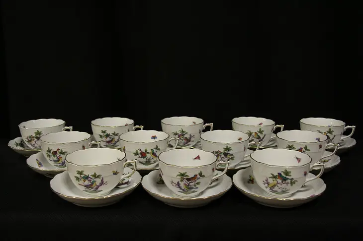 Herend Rothschild Bird China Set of 12 Pastel Tea or Coffee Cups and Saucers