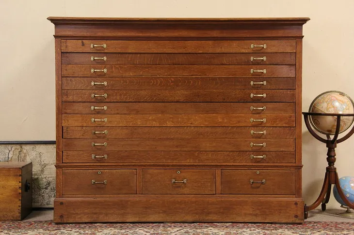 Oak 1900 Antique 13 Drawer Map Chest, Drawing or Document File Cabinet