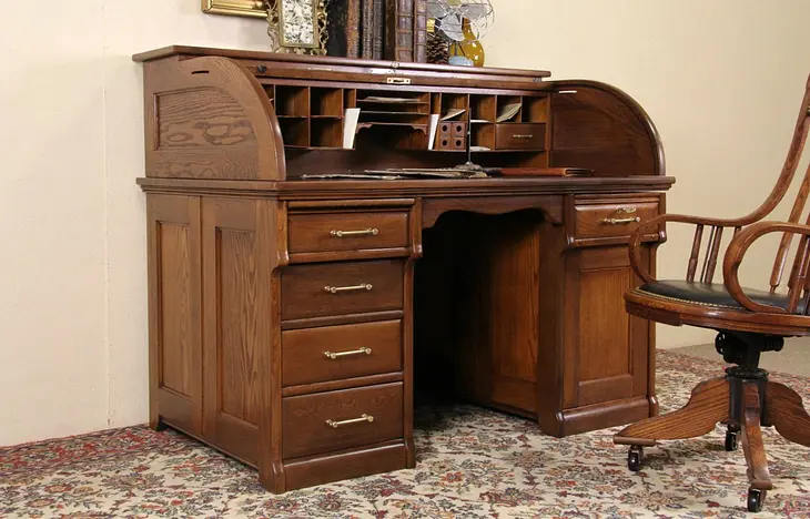 Andrews Chicago Antique 1910 Oak Roll Top Desk, Rotary File