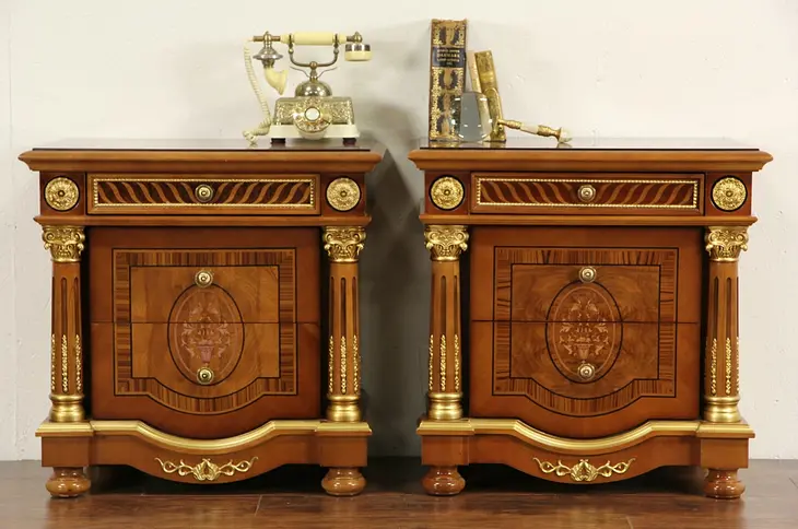 Pair of Marquetry Nightstands, End Tables or Small Chests, Gold Mounts