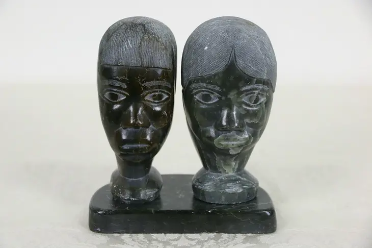 Inuit Hand Carved Soapstone Sculpture of Pair of Heads