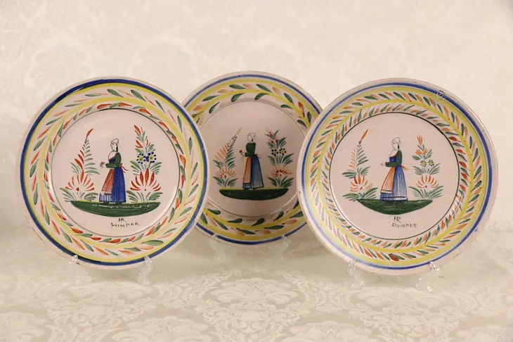Quimper Signed Set of 3 Hand Painted Dinner Plates, Tradition Pattern