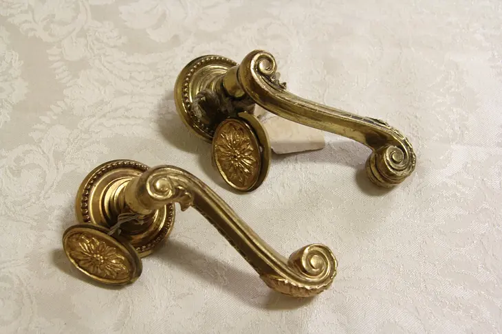 Pair of 1900 Antique Gold Plated Bronze Antique Door Levers & Keyhole Covers