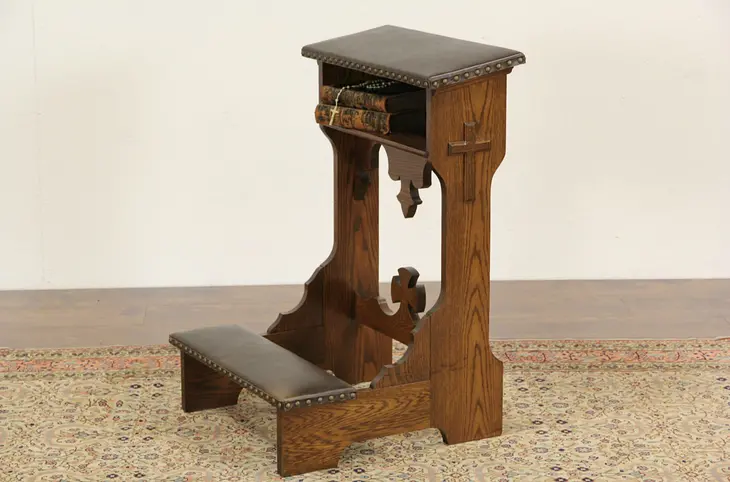 Kneeler or Prie Dieu, Victorian 1890's Antique Oak, Leather Upholstery