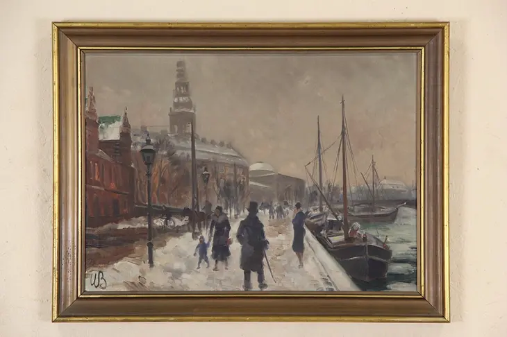 Copenhagen Harbor, Original Painting Early 1900's