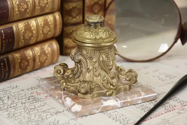Inkwell, French 1880 Marble & Brass Antique