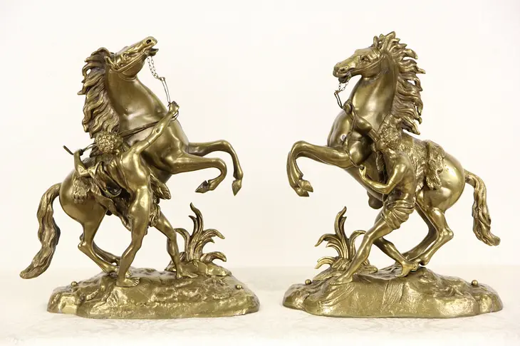Pair of Marly Horses, Antique 1900 Brass Sculptures after Coustou Statues