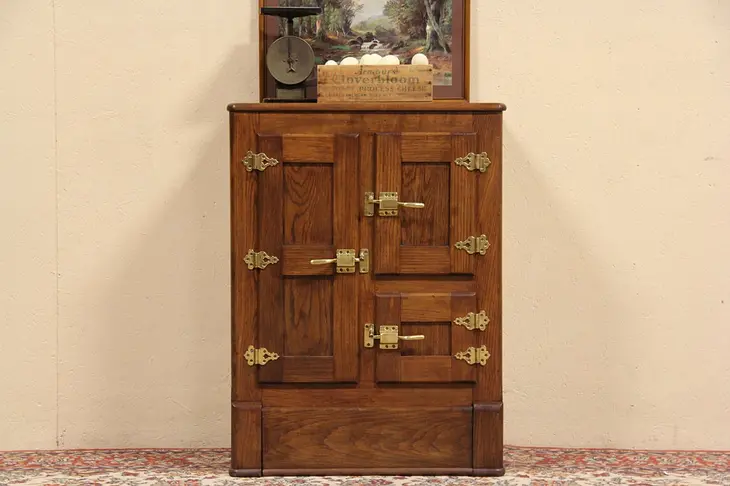 Oak 3 Door 1900  Antique Icebox, Brass Hardware