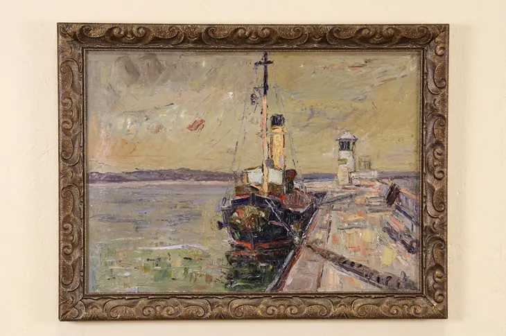 Harbor Scene 1930 era Original Oil Painting with Boat & Lighthouse