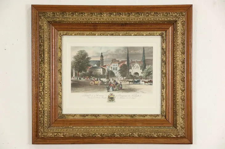 French Menneville 1850's Antique Colored Engraving, Victorian Oak Frame
