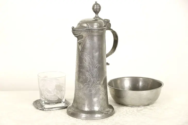Pewter German Antique Covered Beer Stein or Pitcher, Signed & Dated 1796