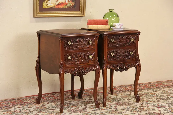 Pair of Carved 1925 Nightstands or Beside Tables