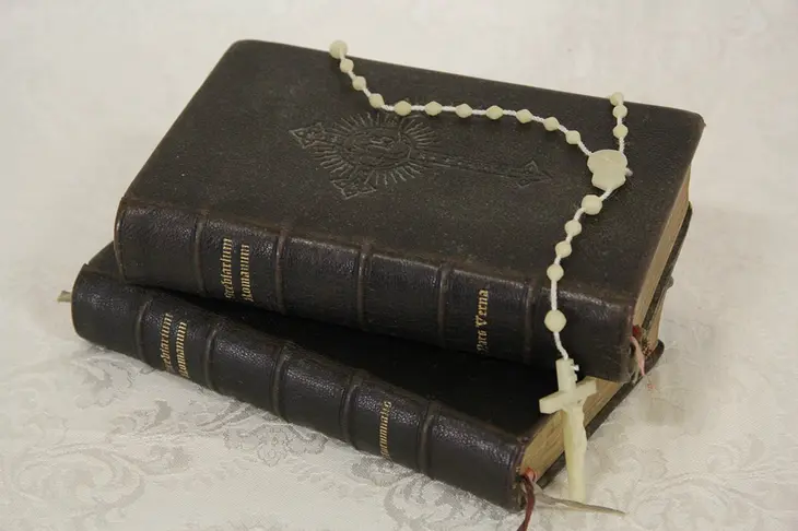Brevarium Romanum 1895 Antique Latin Pair of Prayer Books, Tooled Leather