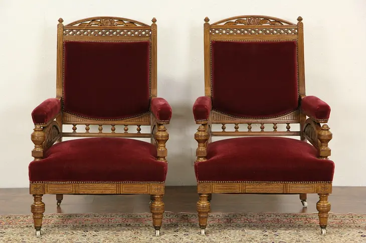 Pair Victorian Eastlake Antique 1885 Chairs, Mohair Upholstery