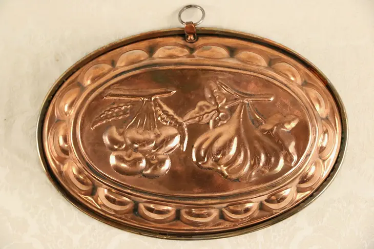 Copper Oval Antique Early 1900's Cake Mold with Fruit