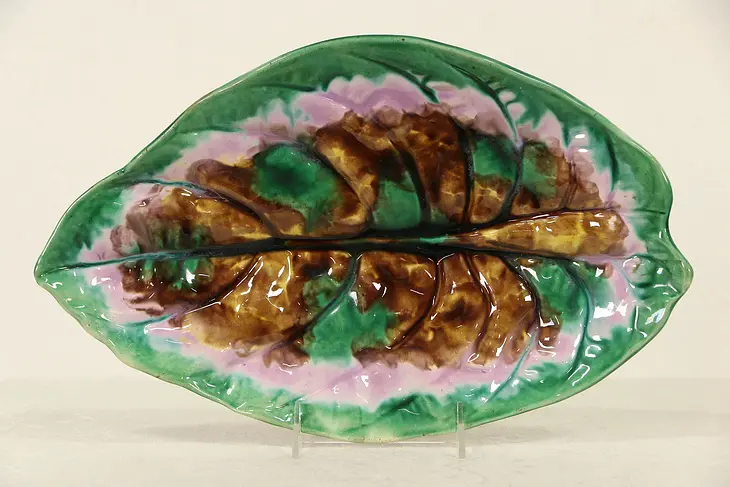 Majolica Late 1800's Hand Painted Large Leaf Platter or Tray