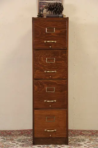 Oak 4 Drawer 1915 Antique File Cabinet, Brass Hardware