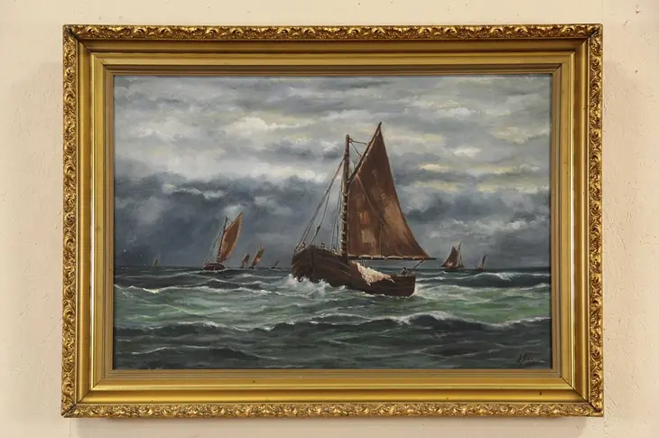 Fishing Boats at Sea, Antique Original Painting signed Hesse, 1916