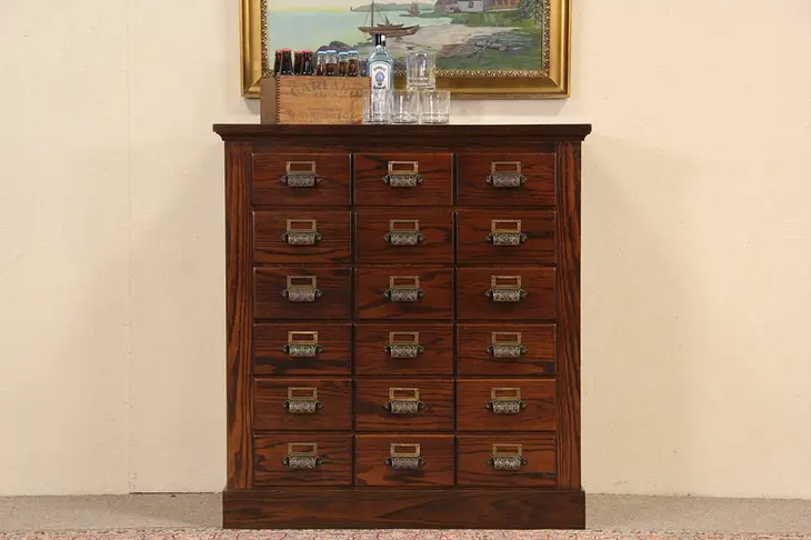 Oak 1890's Antique 18 Drawer File Cabinet with Original Pulls