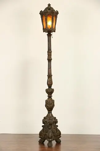 Floor Post Lantern with Hand Painted Angels, 1915 Antique Lamp