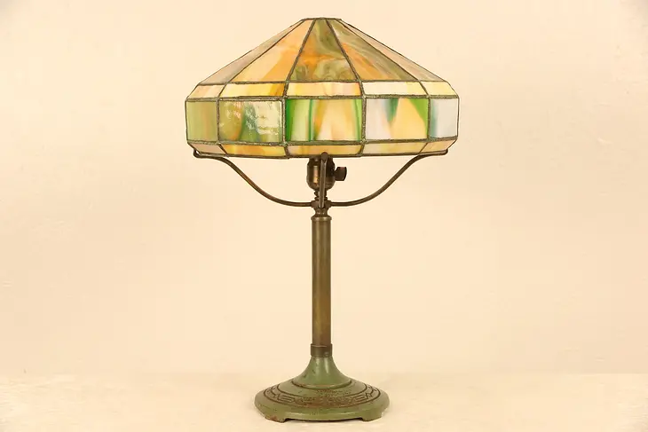 Bradley & Hubbard Signed 1915 Antique Lamp, Stained Leaded Glass Shade