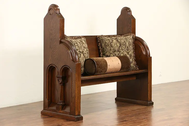 Oak Pew or Hall Bench, 1875 Antique with Columns & Arches