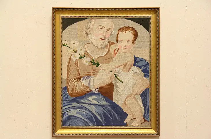 Baby Jesus & Simeon?  1890's Needlepoint & Petit Point