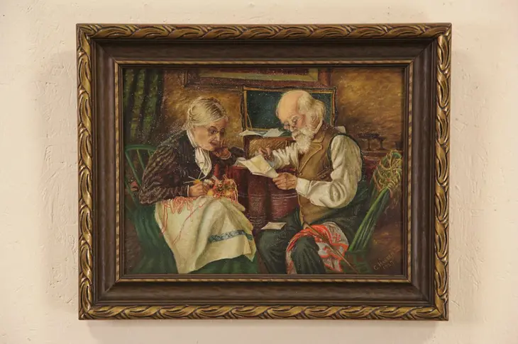 Original Oil Painting of Elderly Couple Knitting, Signed 1927