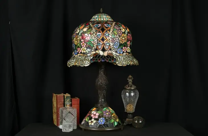 Tiffany Style Vintage Bronze & Stained Glass Lamp, Jewels, Lighted Base