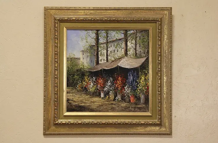 Flower Market Scene Signed Kurt Moser 1970's Original Oil Painting