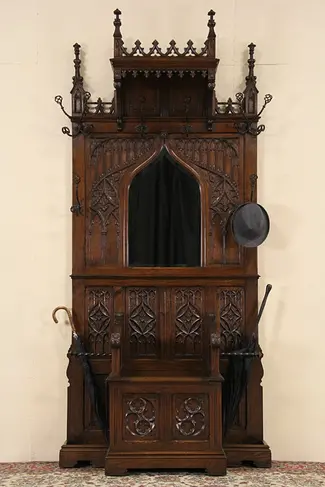 Gothic Carved Oak French1880's Antique Hall Stand, Bench, Hooks & Mirror