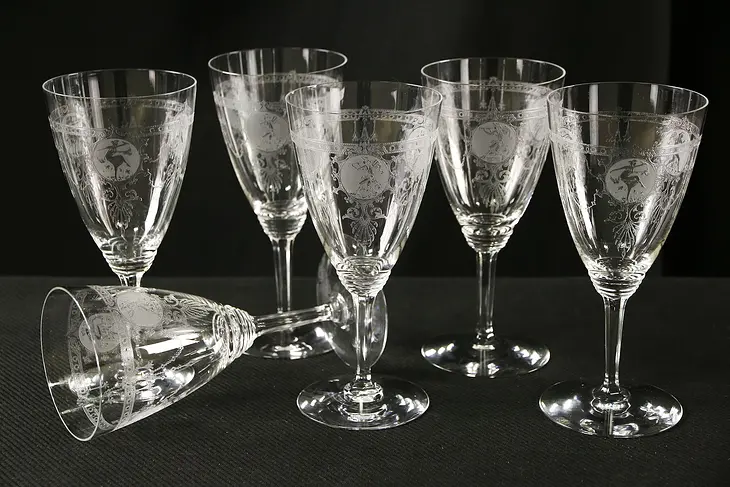 Heisey Pied Piper 1927 Footed Etched Glass Set of 6 Goblets
