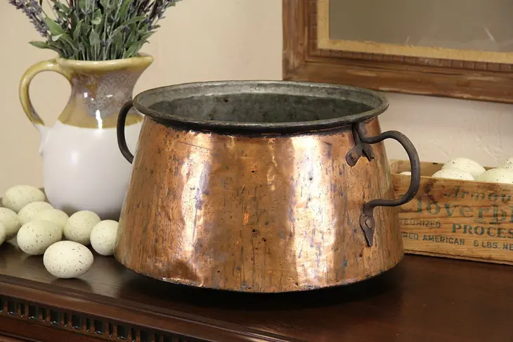Turkish Copper 1900 Antique Cooking Pot, Wrought Iron Handles