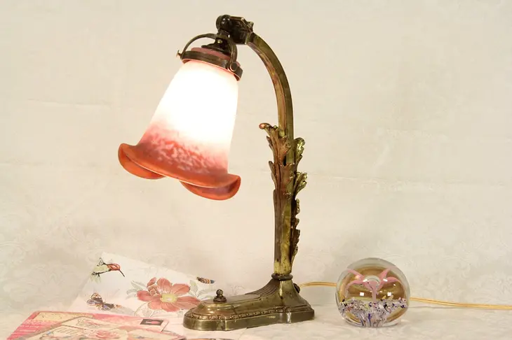 Bronze Antique 1910 Desk Lamp, "Rethondes" Signed French Art Glass Shade