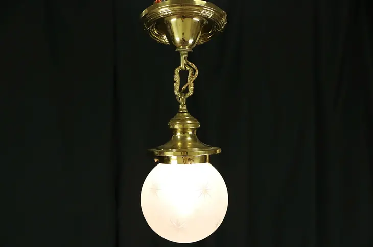 Brass 1910 Antique Hall Ceiling Fixture, Cut & Etched Glass Globe