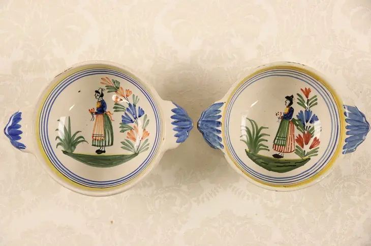 Henriot Quimper Signed Pair of Porridge Bowls with Handles, Hand Painted France